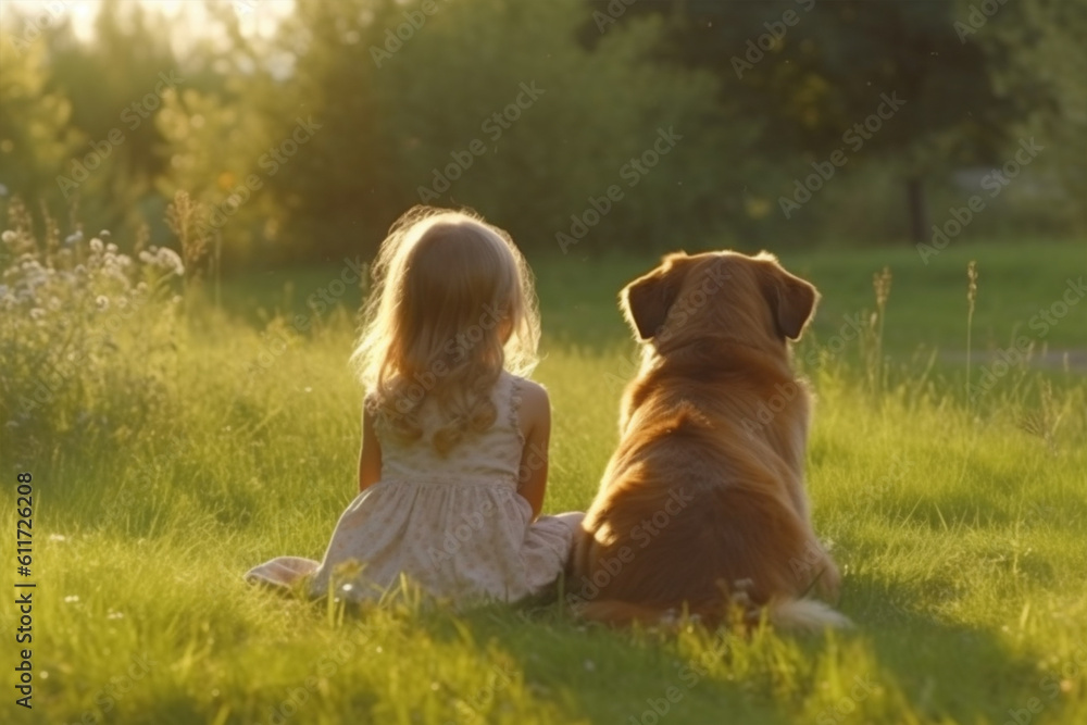 Cute little girl with golden retriever dog on green meadow with Generative AI. Cute little girl with golden retriever dog on green meadow with Generative AI.