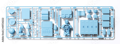 Minimal background for education concept. Blue plastic model kit of back to school element on white background. 3d rendering illustration. Object isolate clipping path included.