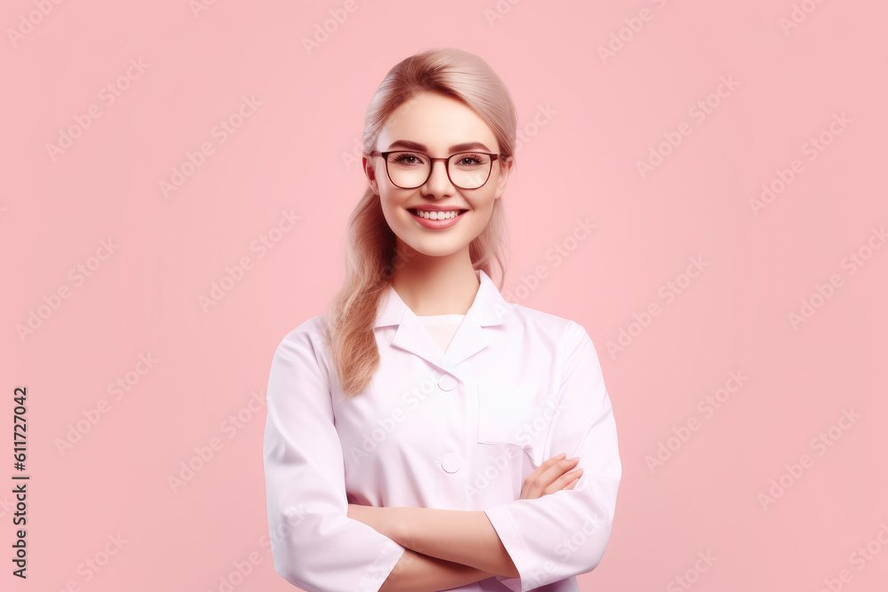 Photo of beautiful doctor woman posing in front of pink background. Generative AI Photo of beautiful doctor woman posing in front of pink background. Generative AI