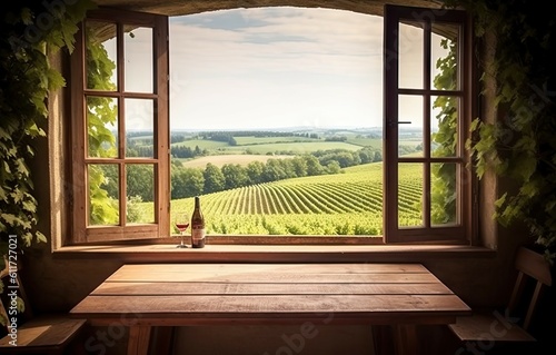 Wine country haven. Vineyard delight. Window to serenity. Wooden table with a view of the house and garden