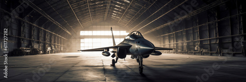 interior view of a generic military fighter jet parked inside a military barracks or hangar as wide banner with copyspace area for world war conflict and air force concepts, banner, generative AI