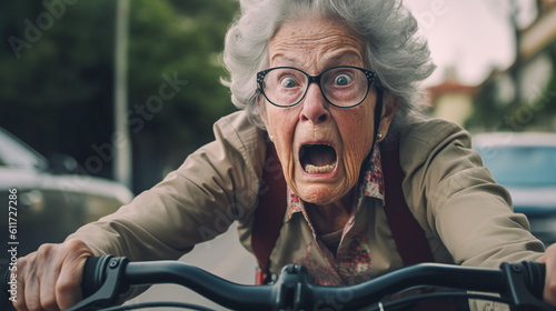 Elderly woman with a fearful look faces the city traffic on her bicycle - ai generative © Giordano Aita