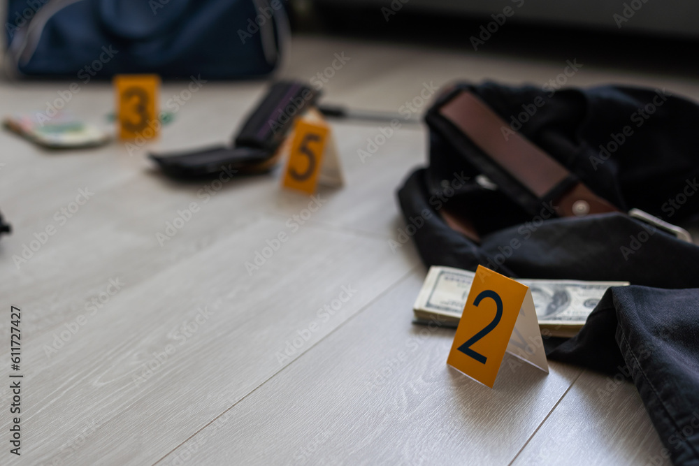 Evidence Chain of Custody Labels and brown paper bag with fingerprints applicant card lies against big heroin packets and packs of money bills as evidence in crime scene investigation process Evidence Chain of Custody Labels and brown paper bag with fingerprints applicant card lies against big heroin packets and packs of money bills as evidence in crime scene investigation process