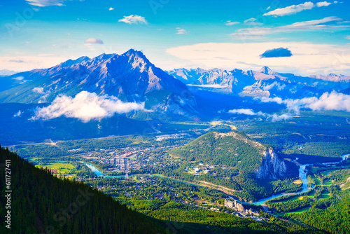 Cascade mountain dominates the town of Banff and Bow River valley in this view from Sulphur Mountain in the Canada Rockies