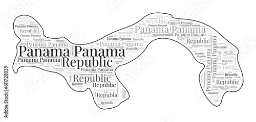 Panama shape filled with country name in many languages. Panama map in word cloud style. Charming vector illustration.
