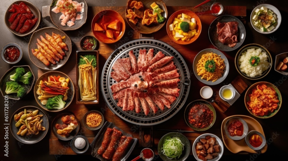 Zoom in on a lively Korean barbecue restaurant, where friends and family gather around a table with a built-in grill. generative ai