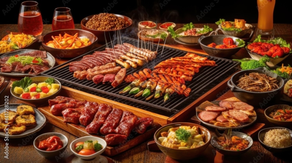 Zoom in on a lively Korean barbecue restaurant, where friends and family gather around a table with a built-in grill. generative ai Zoom in on a lively Korean barbecue restaurant, where friends and family gather around a table with a built-in grill. generative ai