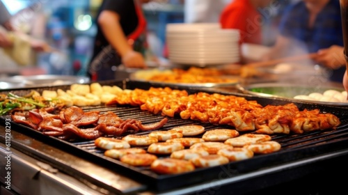 Sizzling Delights: Vibrant Korean Market Scene with Savory Pancakes (Jeon). Capturing Skillful Vendors, Irresistible Aromas, and Delectable Breakfast Delights. generative ai