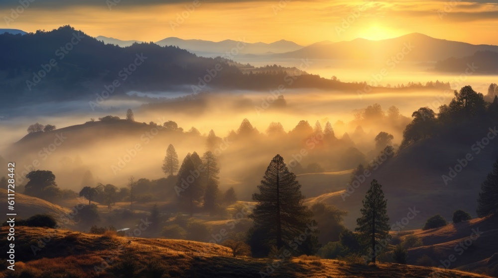 Fototapeta premium Misty Morning Whispers: Immersing in the Enchanting Aura of a Foggy Forest. Capture the Serene Beauty and Ethereal Atmosphere of a Morning in Nature's Embrace. generative ai