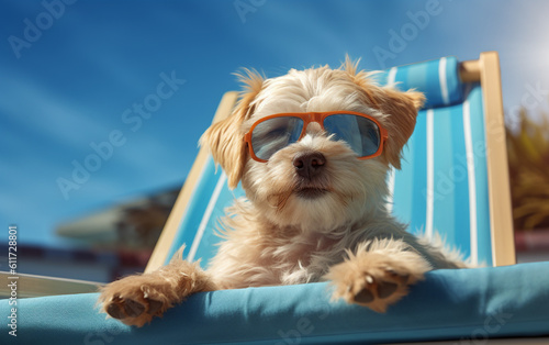A puppy wearing sunglasses in a sun lounger, AI Generation © Vasilina FC