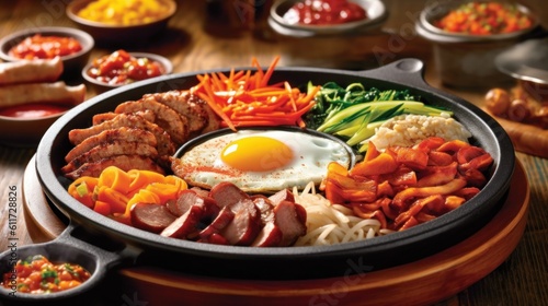 Popular Korean hot bowl dish of bibimbap on the wooden table. generative ai