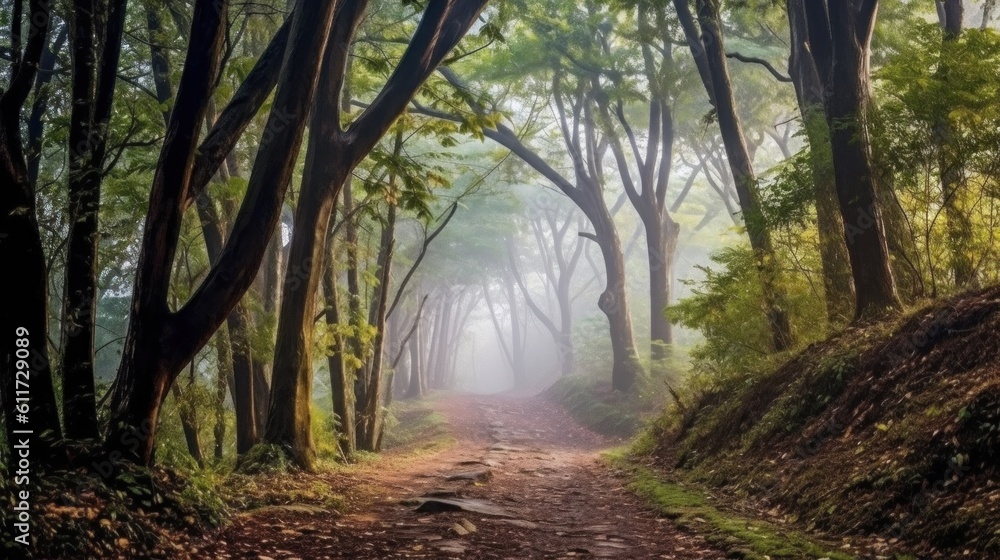 Obraz premium Misty Morning Whispers: Immersing in the Enchanting Aura of a Foggy Forest. Capture the Serene Beauty and Ethereal Atmosphere of a Morning in Nature's Embrace. generative ai