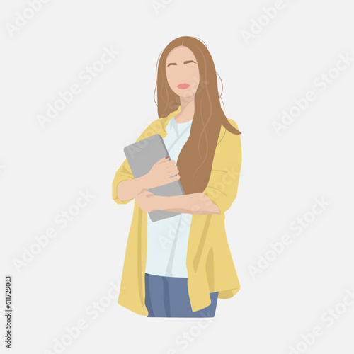 Woman holding a laptop, student. Vector illustration in faceless style