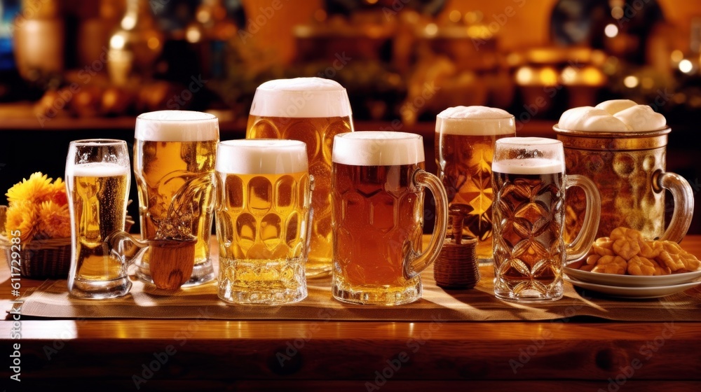 Frothy Beer Glasses Overflowing with Joy and Flavor. Capturing Smiling Friends Enjoying Golden-Hued Delights and Effervescent Moments. generative ai Frothy Beer Glasses Overflowing with Joy and Flavor. Capturing Smiling Friends Enjoying Golden-Hued Delights and Effervescent Moments. generative ai