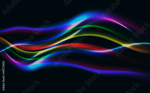 colorful abstract lines wave on dark background.