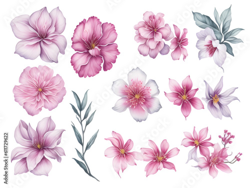 set of watercolor sakura elements on transparent background,  generative ai © Nisit