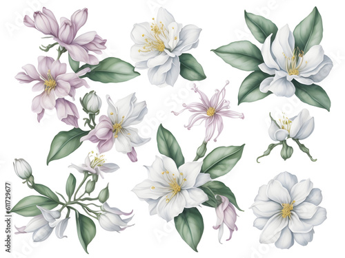 set of watercolor jasmine elements on transparent background, generative ai