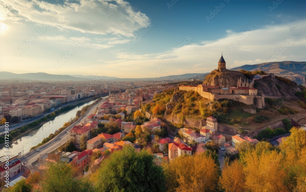 Beautiful panoramic view of Tbilisi at sunset, Georgia country, Generative AI