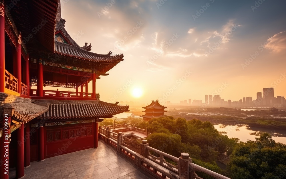 custom made wallpaper toronto digitalChinese Classical Architecture with sunset, Generative AI