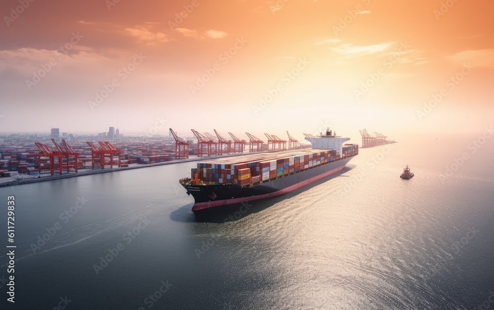 Fototapeta premium Container ship leaving the port, Generative AI