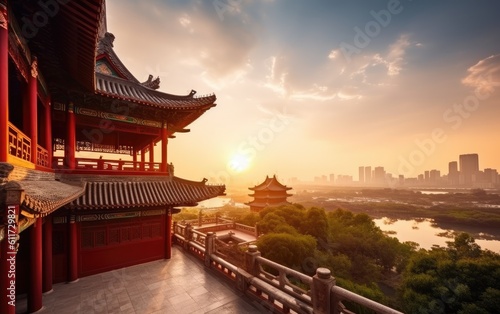 Wallpaper Mural Chinese Classical Architecture with sunset, Generative AI Torontodigital.ca