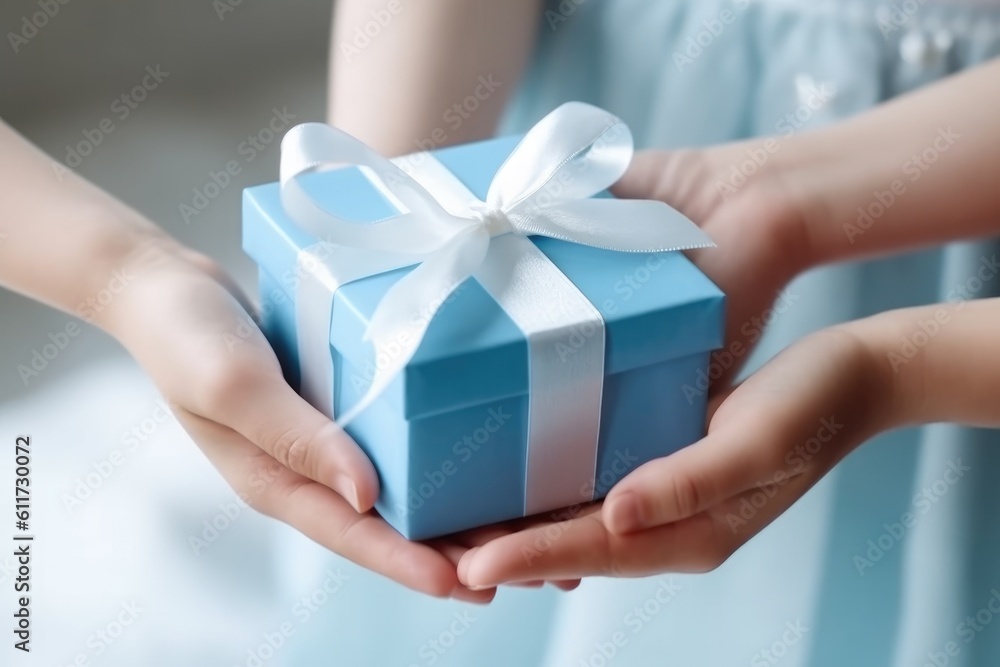 hands holding small gift with ribbon, AI generative hands holding small gift with ribbon, AI generative