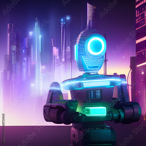 Futuristic robot with city skyline