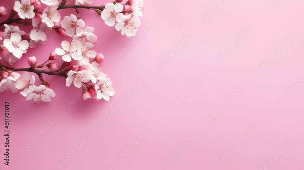 Fresh white cherry blossoms on light pink table background. Pastel color. Flat lay. AI generative