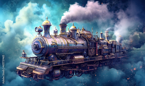 steam train in the the clouds. Generative AI image.