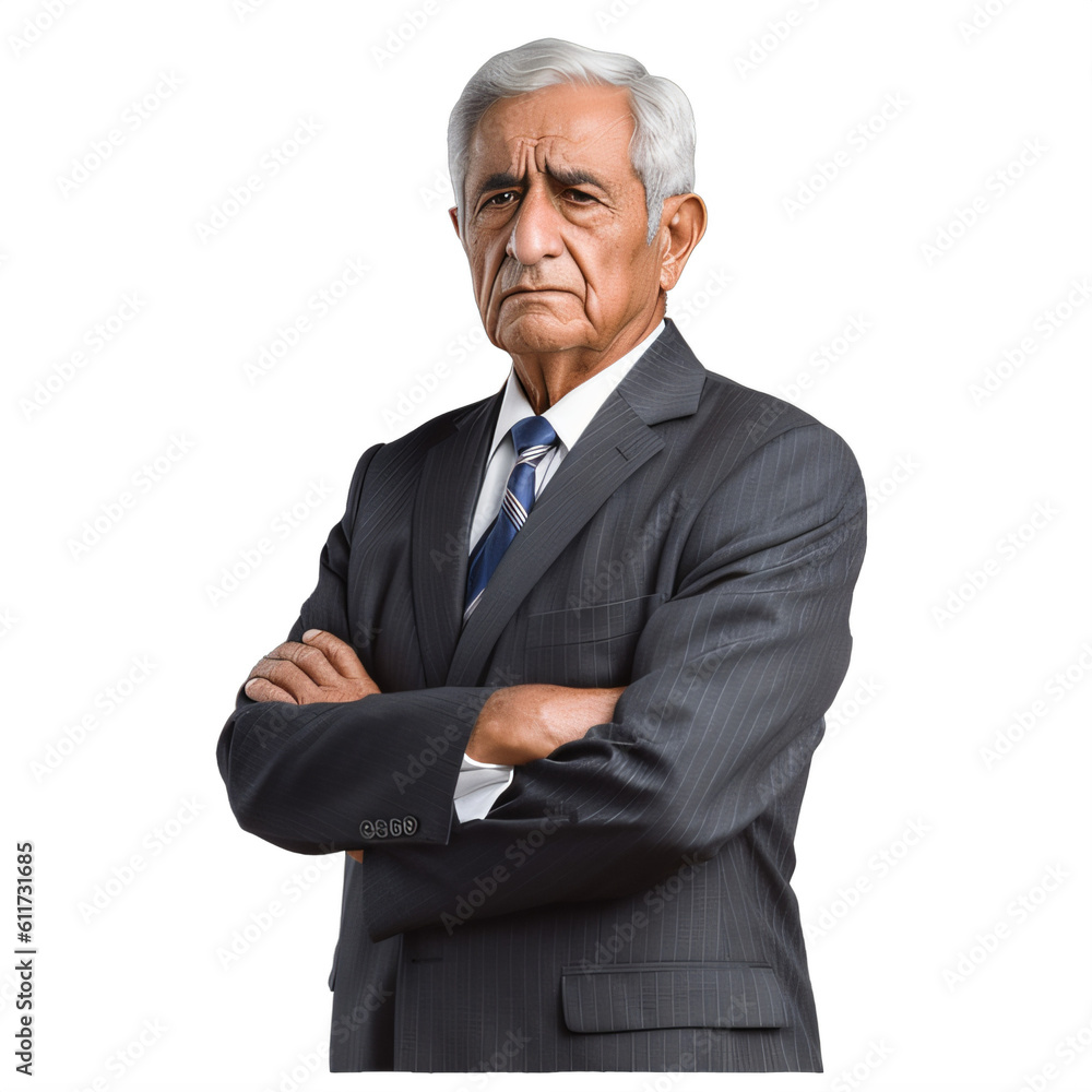 An old man in a suit with his arms crossed with a serious expression on a transparent background png isolated Generative Ai An old man in a suit with his arms crossed with a serious expression on a transparent background png isolated Generative Ai