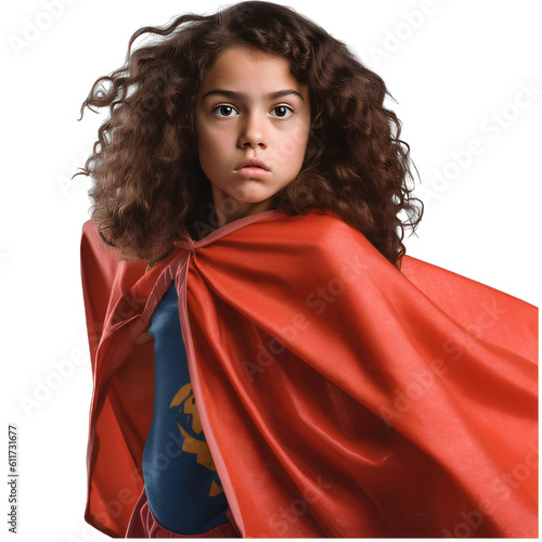 A young girl dressed in a superhero costume on a transparent background png isolated Generative Ai