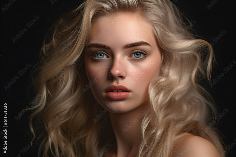 Fototapeta premium A woman with blonde hair and blue eyes isolated on a black background Generative Ai