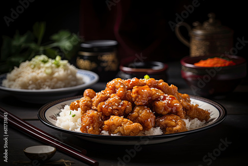 Platter of Chinese General chicken created with Generative AI technology
