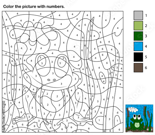Coloring page with numbers are represented the colors among the black lines. Vector image of a frog is sitting in the plants scripts.