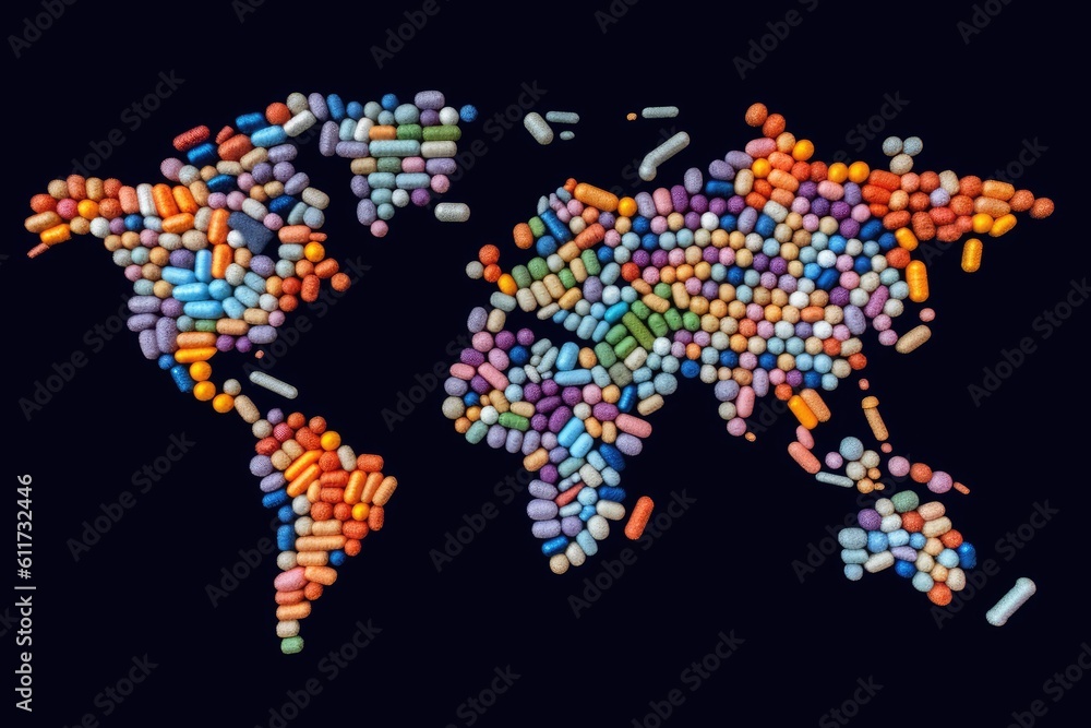 Obraz premium World Map Made of Medicine Pills, Pill Earth, Abstract Generative AI Illustration