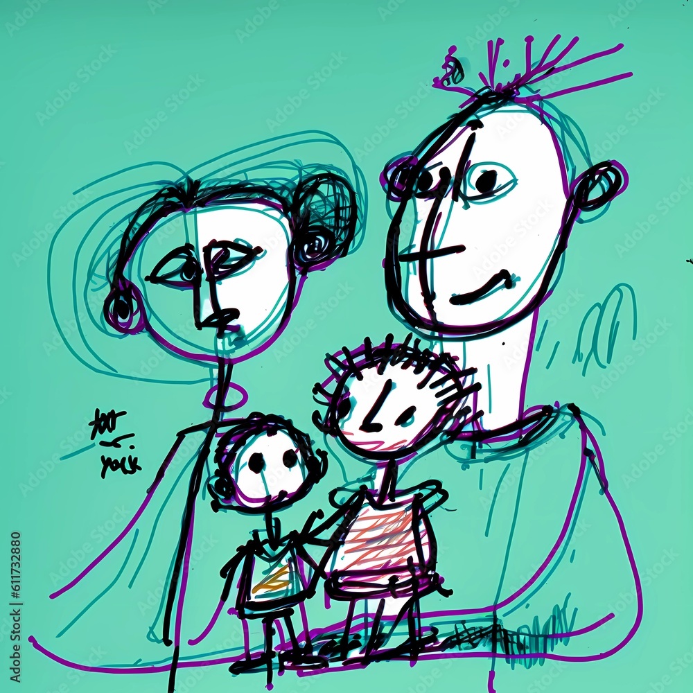 Doodles made by a child depicting a family and a child. Family concept design from a child's point of view. Drawing made by a child