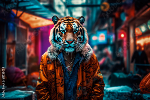 Fototapeta Naklejka Na Ścianę i Meble -  friendly and charismatic tiger character involved in an everyday activity, animal influencer, animals banner, Generative AI