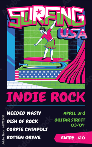 Indie Rock Music Poster with Vintage Women Skull Playing Surfing 