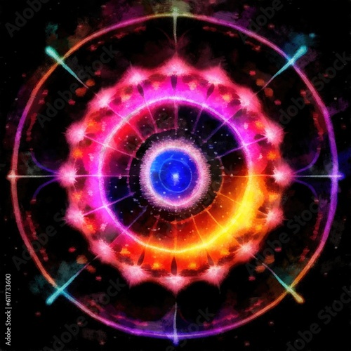 Abstract watercolor mandala cosmic circle digital paint