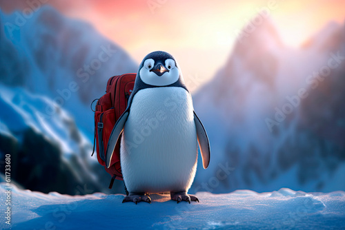 friendly and charismatic penguin character involved in an everyday activity, animal influencer, animals banner, Generative AI