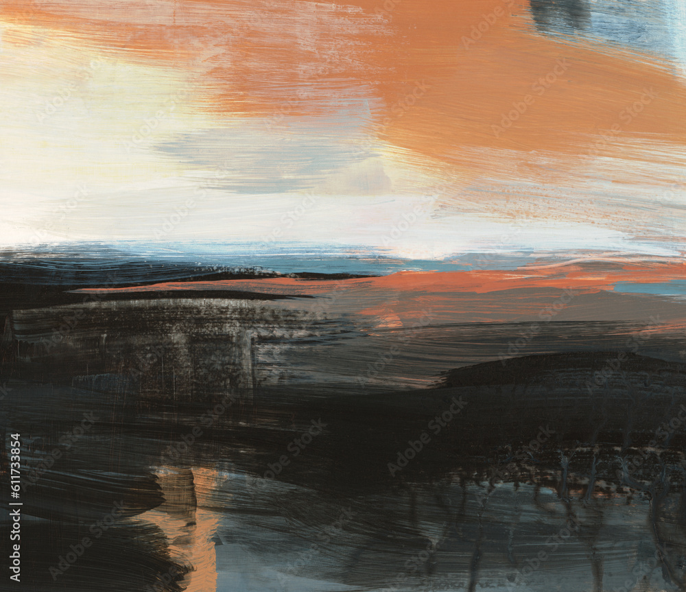 Fototapeta premium Beautiful abstract hand painted landscape. Versatile artistic image for creative design projects: posters, banners, cards, websites, prints, wallpapers. Artist-made art, no ai.