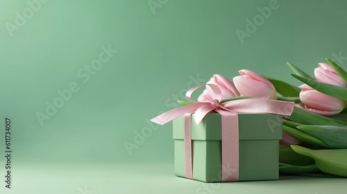 gift boxes and flowers on color background AI generative © dark_blade