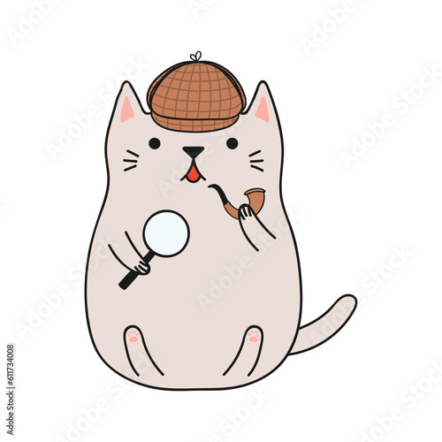 Cute funny detective cat cartoon character illustration. Hand drawn kawaii style design, line art, drawing, isolated vector. Kids print element