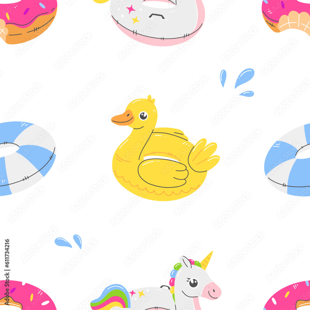 Seamless pattern with rubber rings unicorn, duck, donut on a white background in cartoon flat style. Vector summer illustration background.