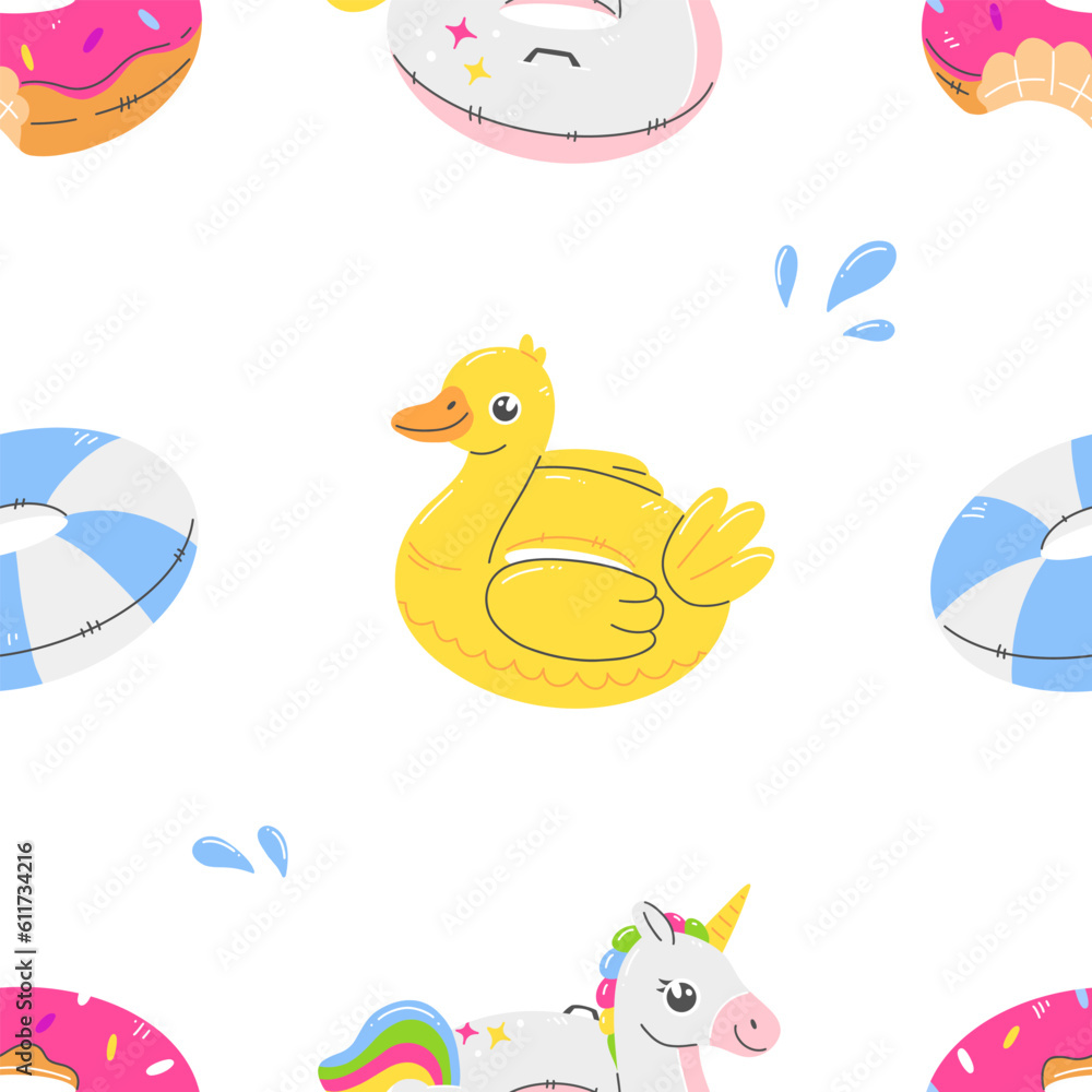 Obraz premium Seamless pattern with rubber rings unicorn, duck, donut on a white background in cartoon flat style. Vector summer illustration background.
