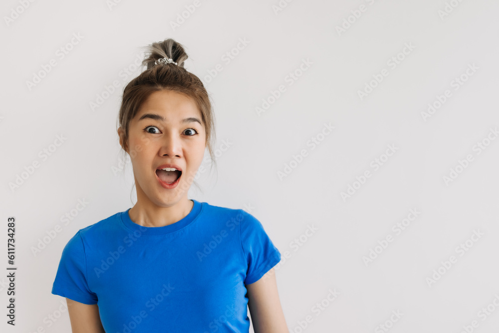 Wow and surprised face of impressed asian woman get a gift isolated on white. Wow and surprised face of impressed asian woman get a gift isolated on white.