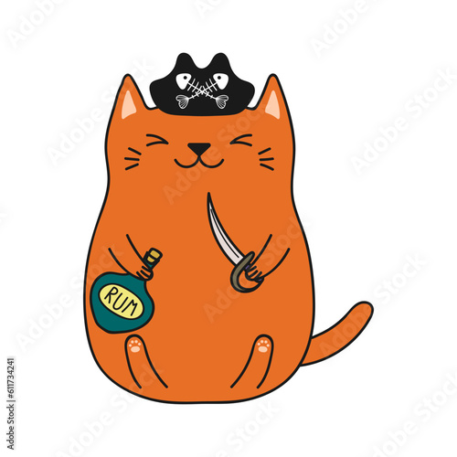 Cute funny pirate cat cartoon character illustration. Hand drawn kawaii style design, line art, drawing, isolated vector. Kids print element