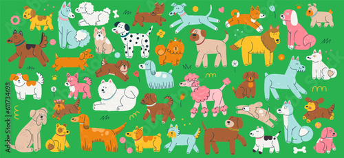 A set with dog characters in a funny cartoon flat style. Vector animal illustration.