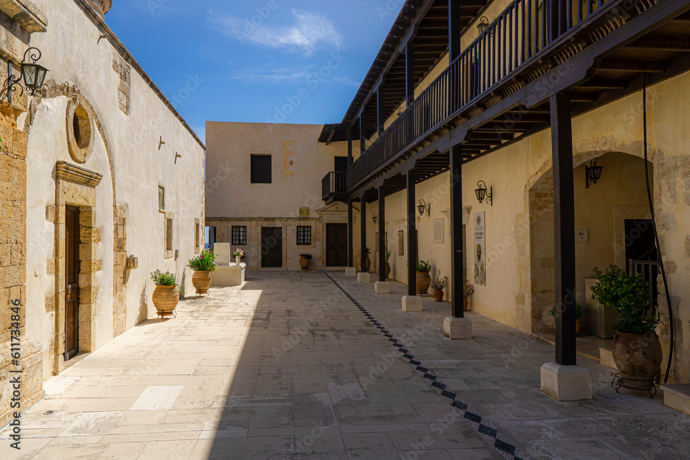 Courtyard of Monastery of Our Lady of Gonia on the southeast coast of the Rodopos peninsula in Crete.