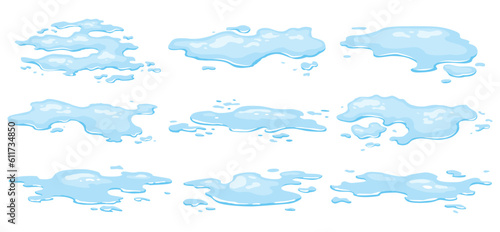 Water spill puddles set. Blue liquid various shape in flat cartoon style. Clean fluid drop design elements isolted on white background